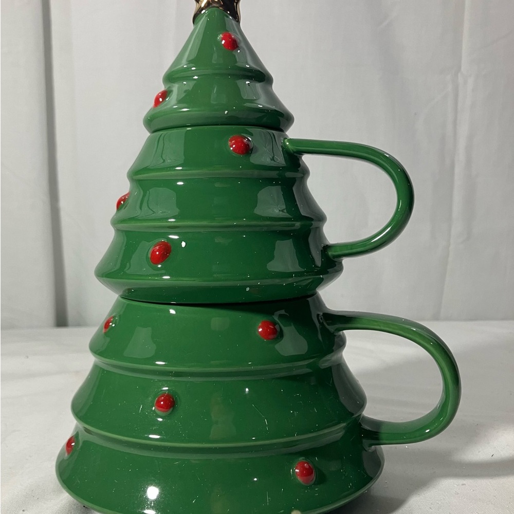 Hallmark ceramic green stacking Christmas tree; 2 mugs and top
